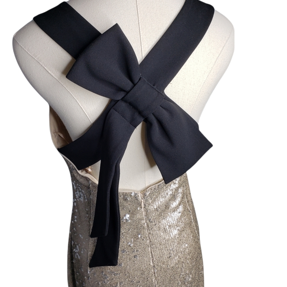 Badgley Mischka micro gold sequin sheath cocktail dress black cross bow … - Picture 4 of 7